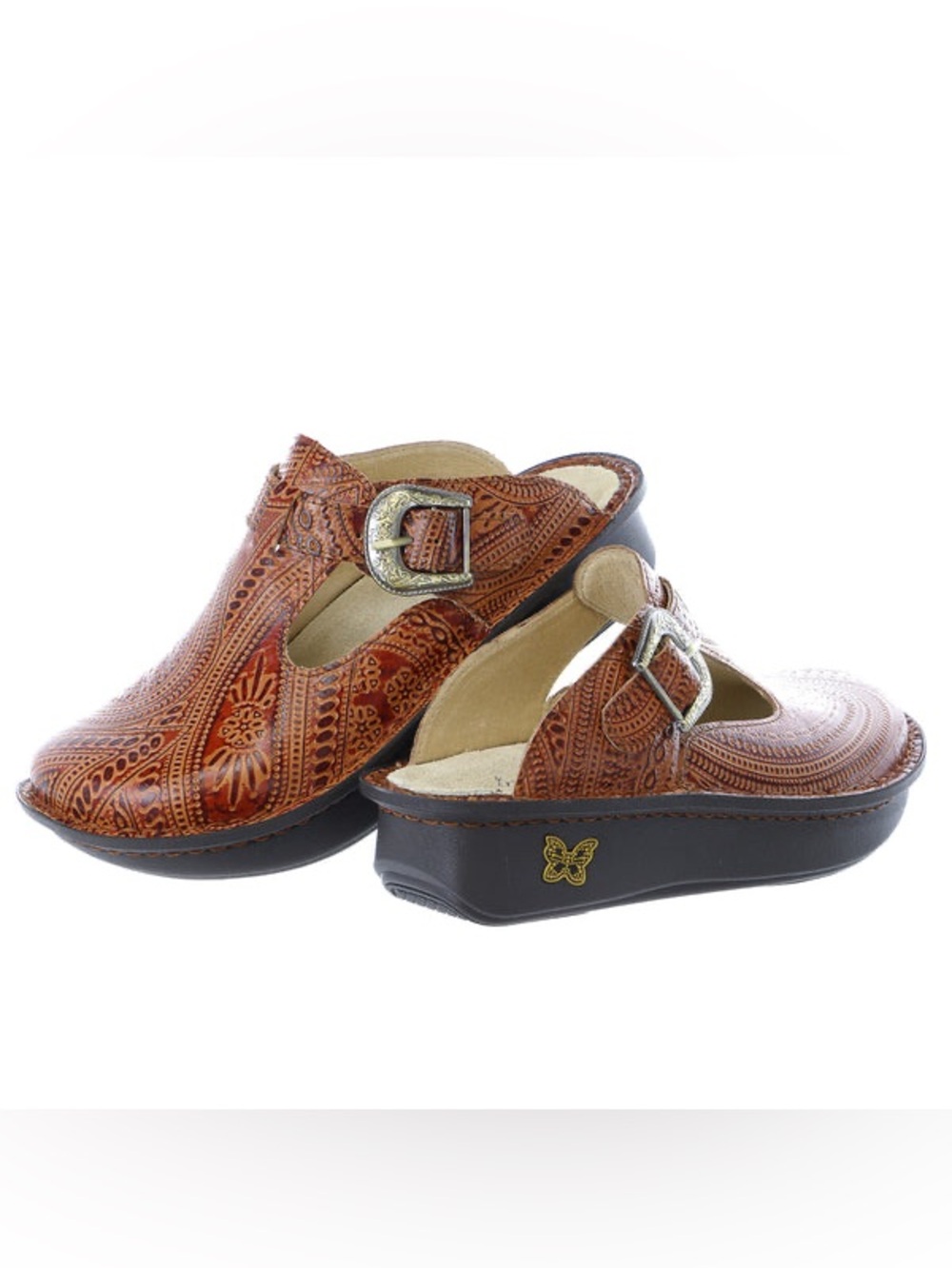 Alegria Women's Cognac Brown Leather Embossed Slip-On Clogs with Buckles